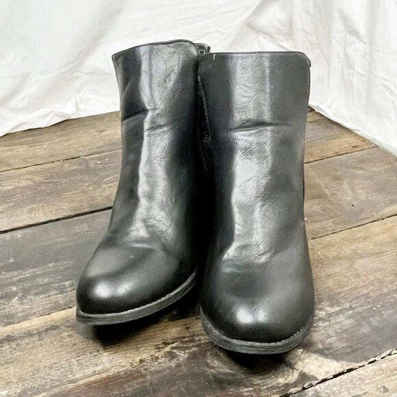 JG Black Leather / Glitter Round Toe Side Zip Block Heel Ankle Boots Size 12 - Picture 5 of 8